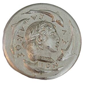 Silver Tone Greek Coin Brooch Pin, Signed, M455